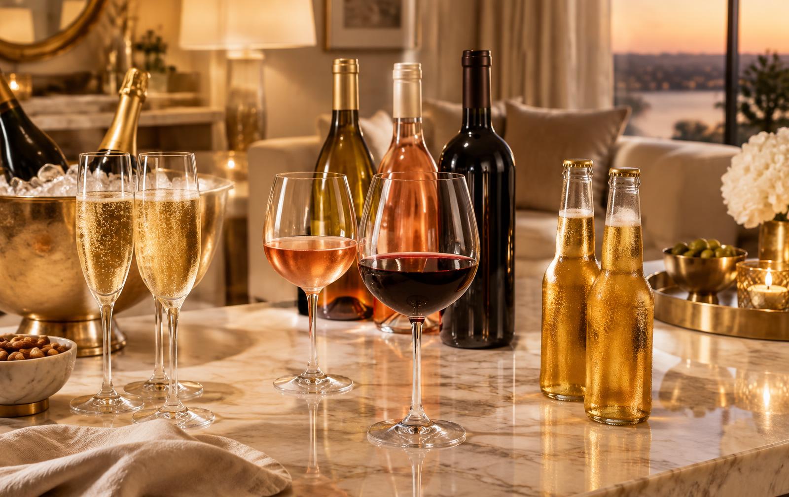 Prosecco flutes, wine glasses and chilled beer on a cream marble bar