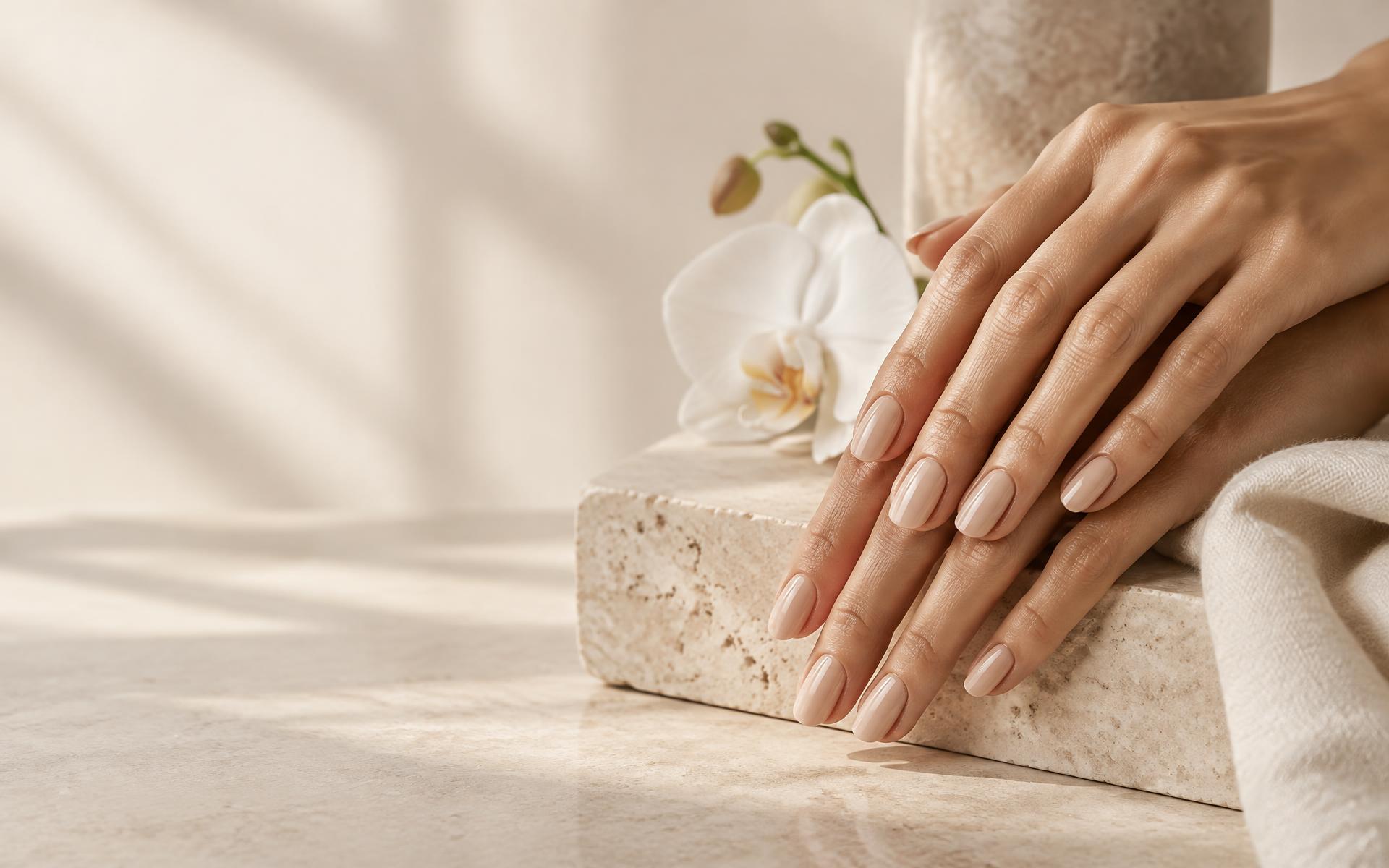 Neutral manicure in a serene spa setting
